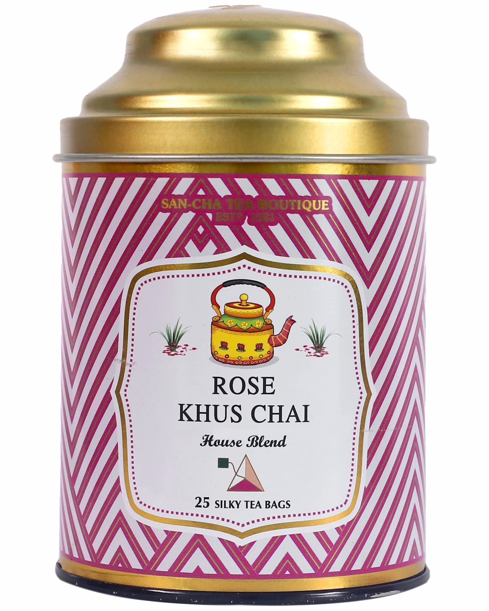 

Sancha Tea Boutique, Rose Khus Chai, 25 Pyramid Bags, Royal Masala Tea Blend with Rose Petals & Khus Grass, Aromatic & Refreshing Herbal Chai