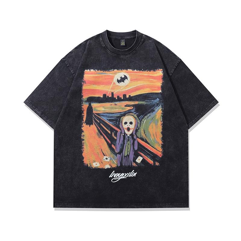 American Retro Black Washed Trend Printed Short-Sleeved T-Shirt Vintage Cotton Loose Top Men