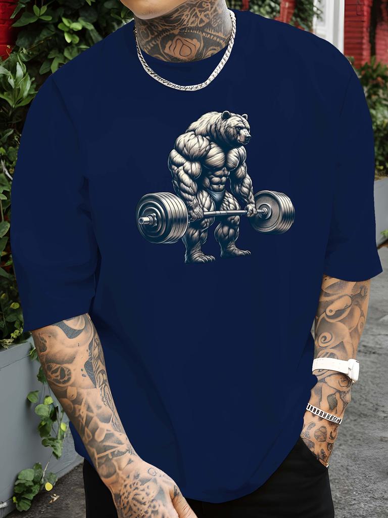 Gym Muscle Bear Barbell Print Unisexs T Shirt Fitness Workout Short Sleeve Crew Neck Cotton Tee Weightlifting Casual Daily Top