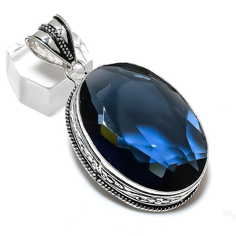 Natural Blue Topaz Gemstone Handmade 925 Sterling Silver Gift Pendant 2.25" r4A52