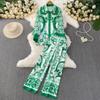 Lente Herfst Vintage Designer Print Catwalk Broek 2 Delig Pak Dames Omgeslagen Kraag Blouse En Elastische Taille Zakken Broekpak