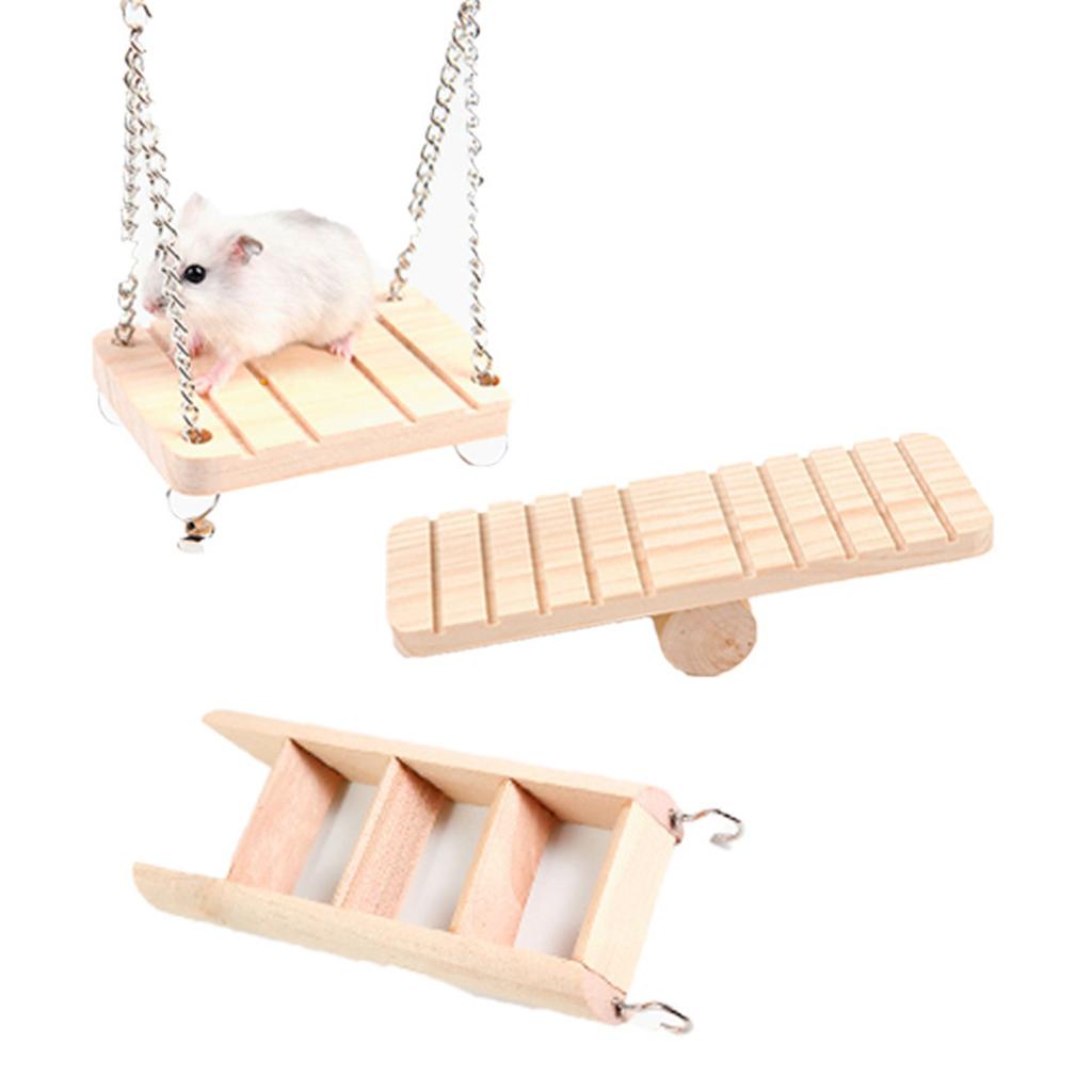Hamster Chew Toy Natural Wood Ladder Swing Grass Treats Cage Accessories