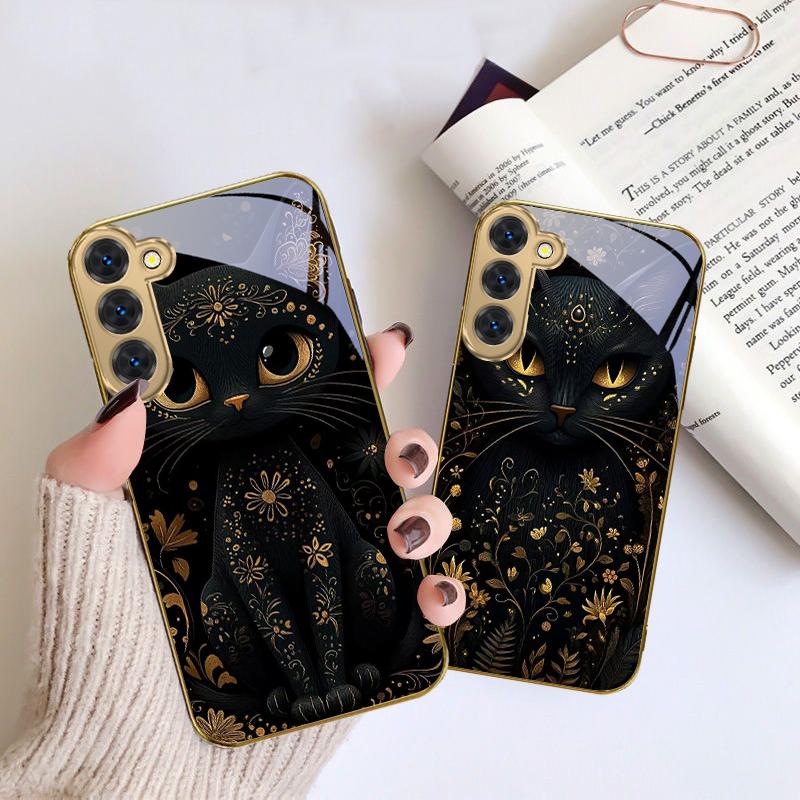 Fantastic Black Cat For Samsung Galaxy S20 FE S21 S22 S23 Plus S24 Ultra S25Ultra S21+ S9+ S22Plus Golden Glass Phone Case