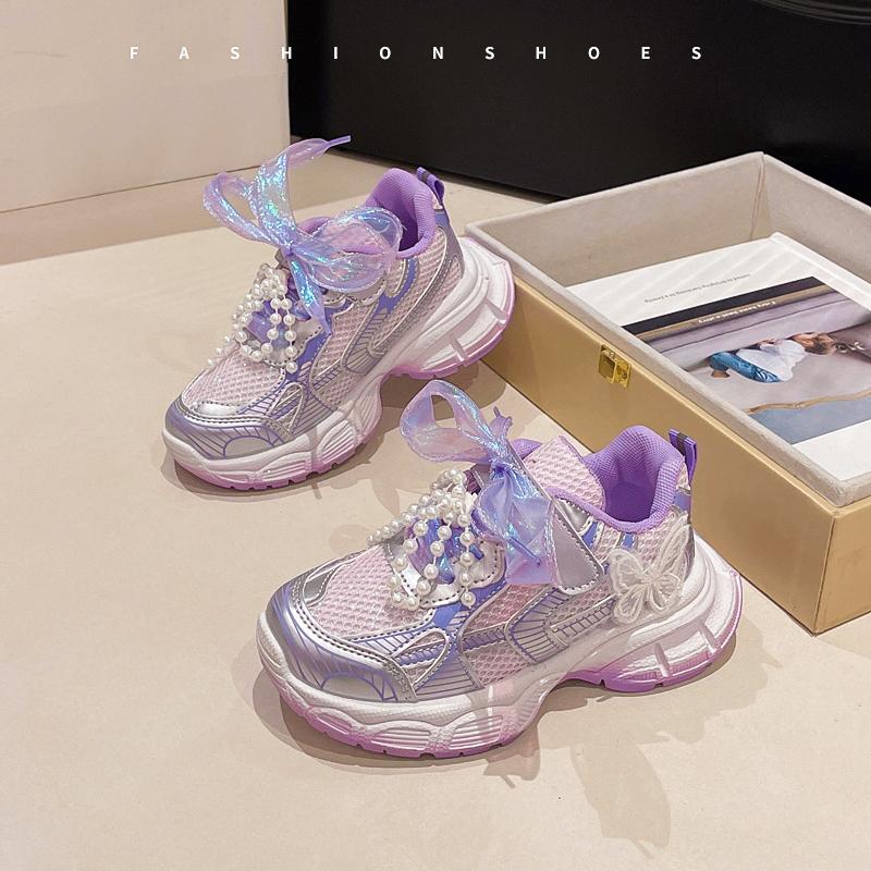 

Girls Princess Shoes Candy Color Kids Sneakers Sweet Ins Trendy 2025 Spring Autumn Kids Running Shoes Mesh Breathable Pearls 26 фиолетовый