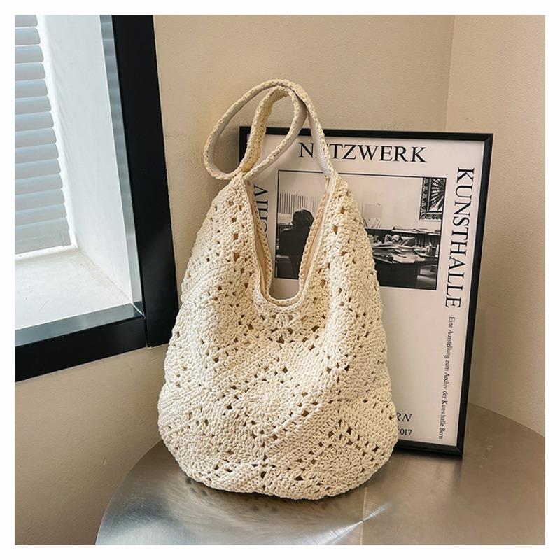 

Handmade crochet cotton thread grandmother grid hollow flower woven women s bag straw woven beach shoulder bag бежевый