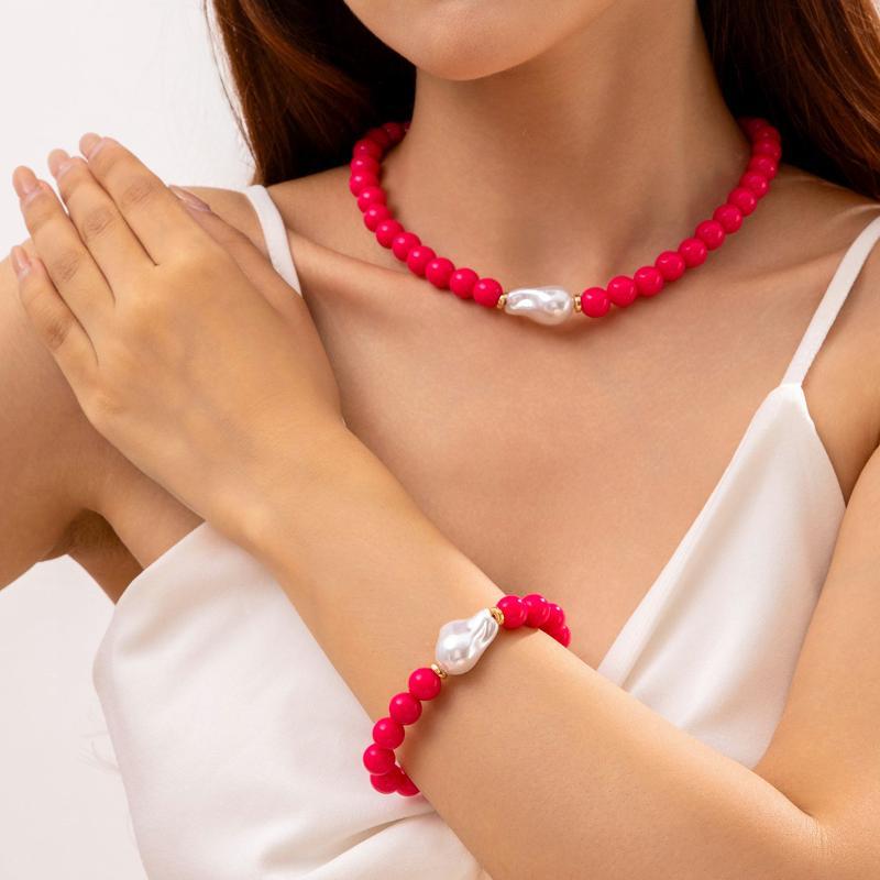 Boho Beaded Jewelry Set Irregular Imitation Pearl Charm Necklace Bracelet for Summer Beach Vacation Accessory