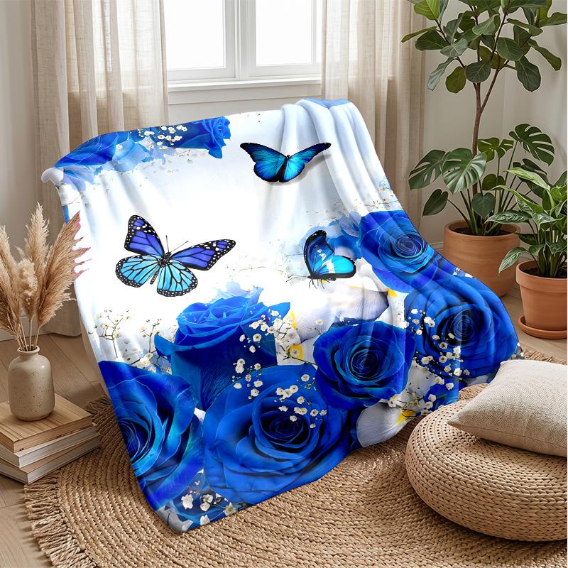 Blue Rose and Butterflies at Night blanket Personalized Name Flannel Blanket Soft Cozy Plush Throw for Sofa Bed Lightweight Home Decor