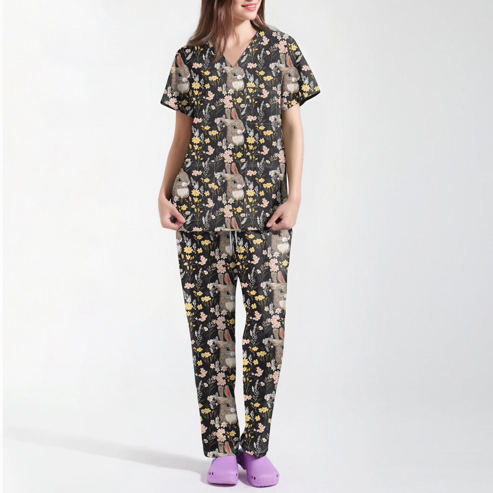 Women s Printed Uniform Work Uniform V-Neck Pocket Protective Work Uniform L чёрный