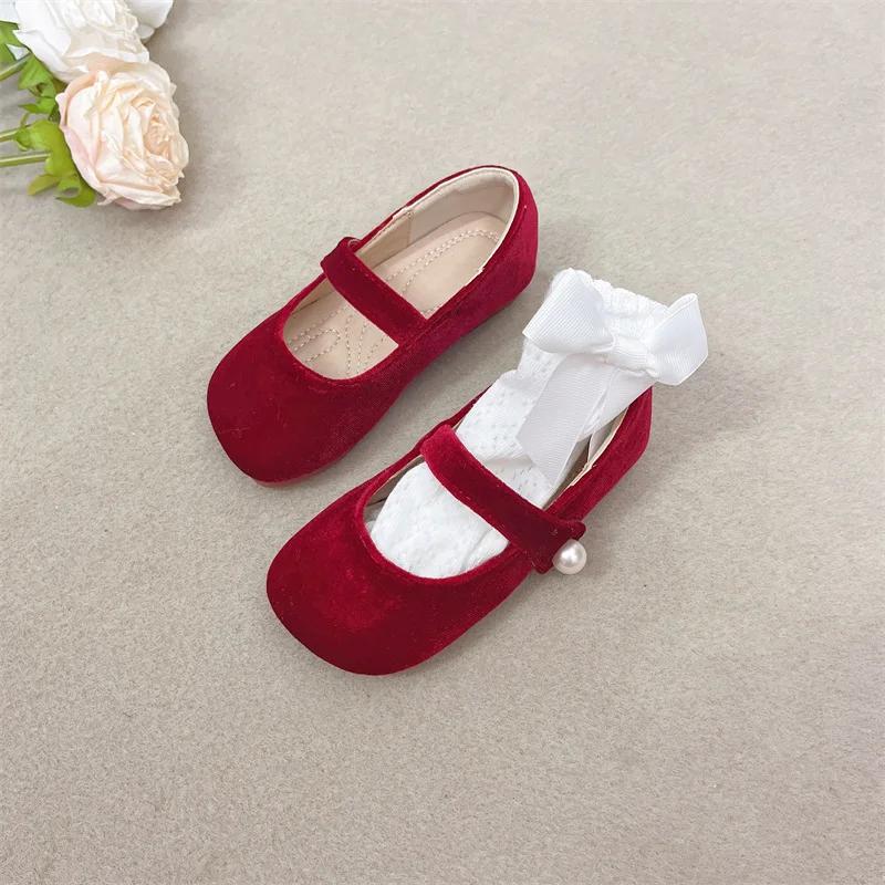 2024 Autumn/Winter Sweet Girls Soft Soled Foreign style Princess Shoes Vintage velvet little girls with velvet single shoes