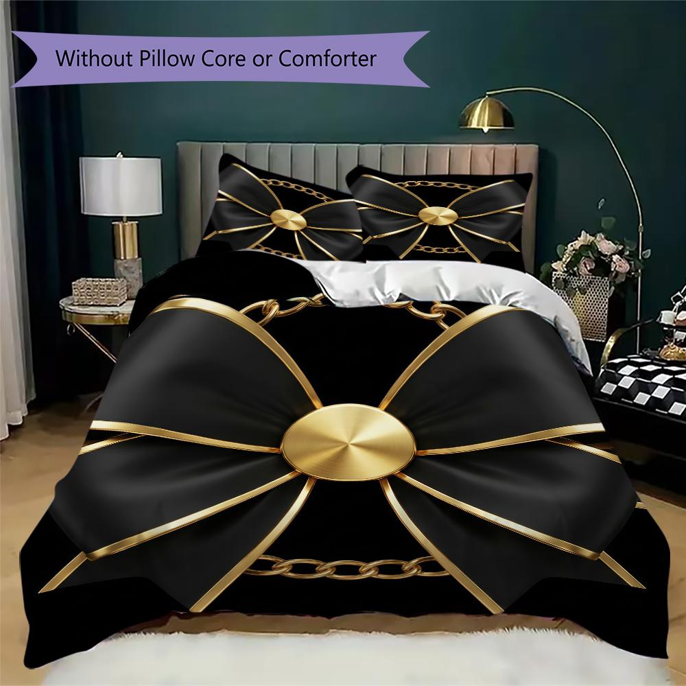 Minimal Black Bow Pattern Bedding Uilt Set Uilt Cover Pillowcase Home Decoration Birthday Gift (1 * Duvet Cover + 2 * Pillowcase Without Core)