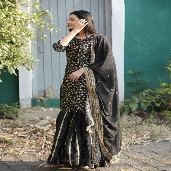 Black & Gold Embroidered Sharara Suit Set