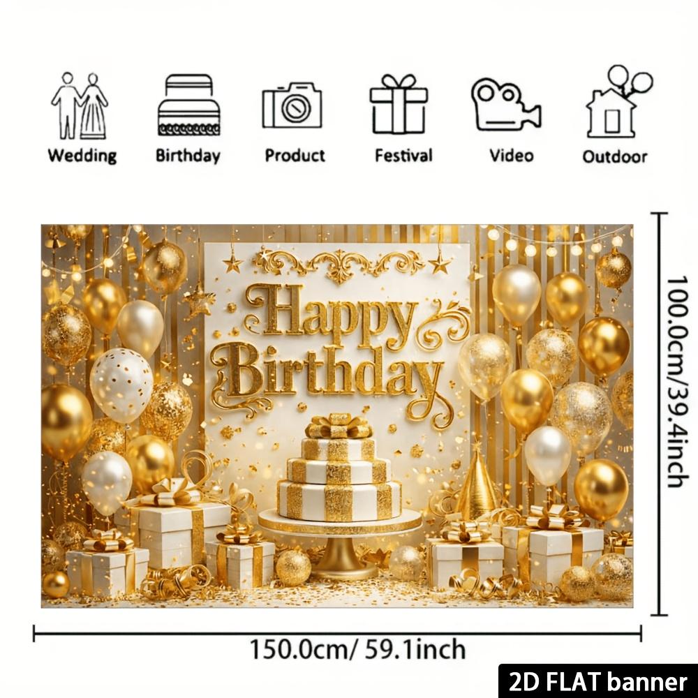 2D Flat European Carved Gold Birthday Background Cloth Gold White Balloons Paired with Three-layer Gold White Birthday Cake
