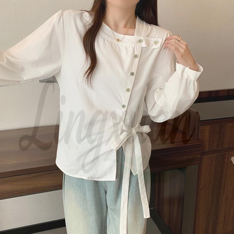 

Summer 2026 Plus Size Women s French Style Bow Tie Lace-Up Long Sleeve Top 4XL брудно-білий