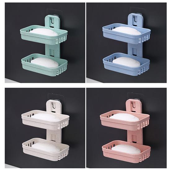 Soap Rack Multifunctional Punch-free Hollow Design Wall-mounted Double-deck Drainage Soap Storage Holder for Bathroom