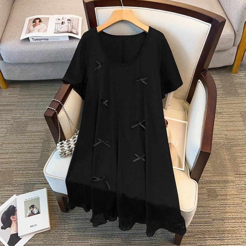 

Elegant Black Bowknot Dress - Plus Size, Round Neck, Slimming Design for Spring/Summer 9XL (recommended weight 130-150 kg) чёрный