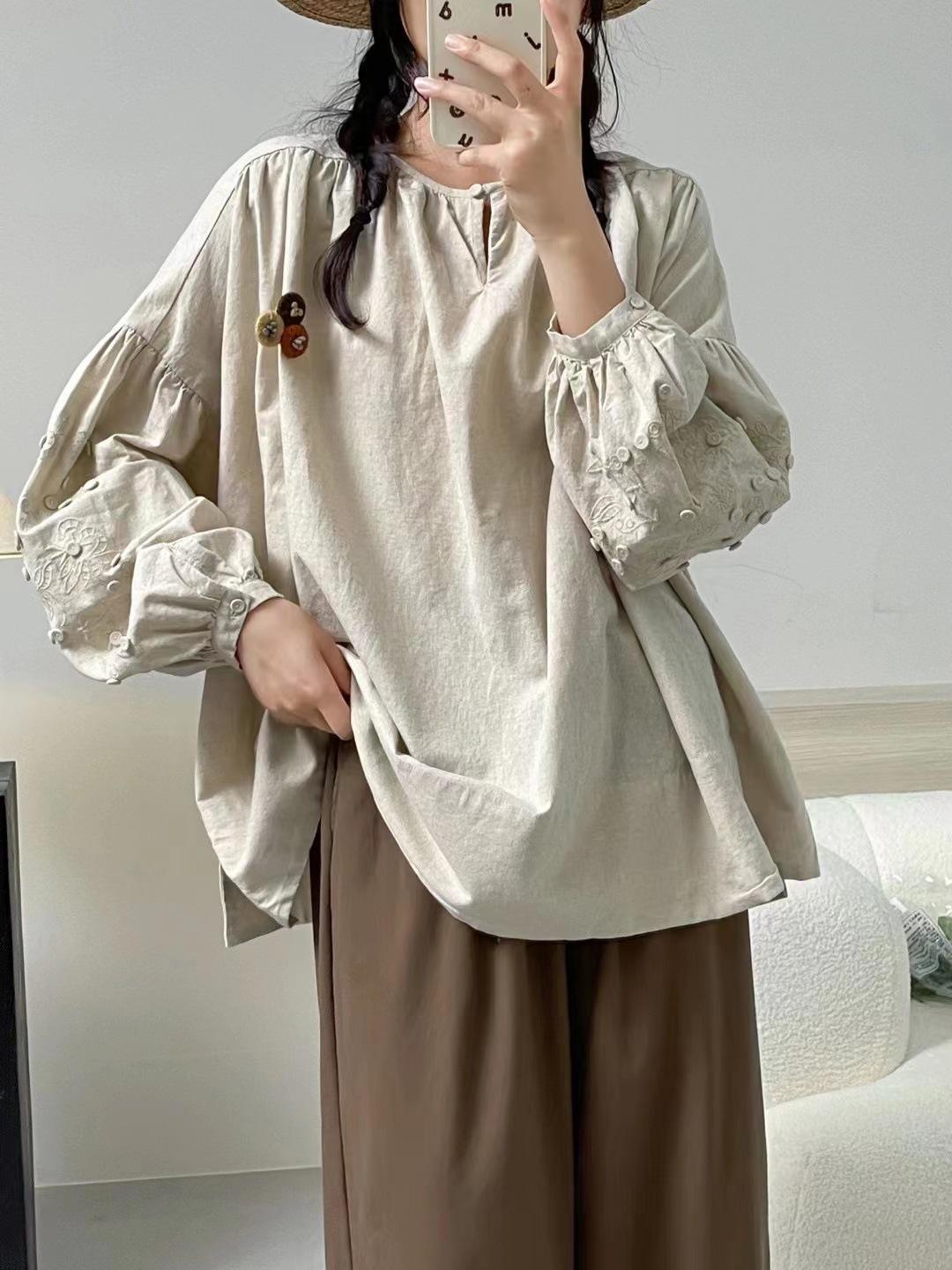 

Johnature Japanese Forest Women Spring Autumn Embroidered Long-sleeved Shirts Autumn Loose Women One Size бежевий