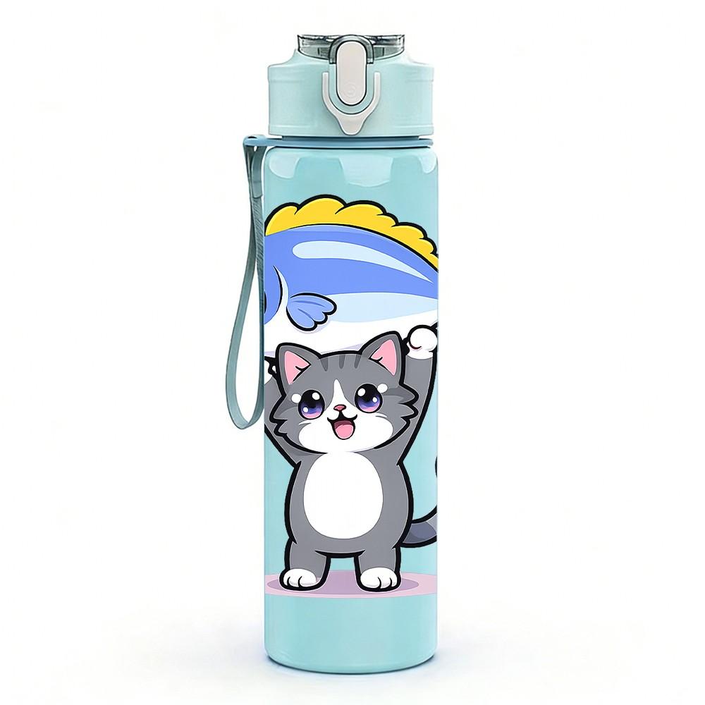 1PC Cat Catching Fish Cartoon 750ml Color Plastic Sports Water Bottle Leakproof Flip Straw Lid Suitable for Sports Office Home Use