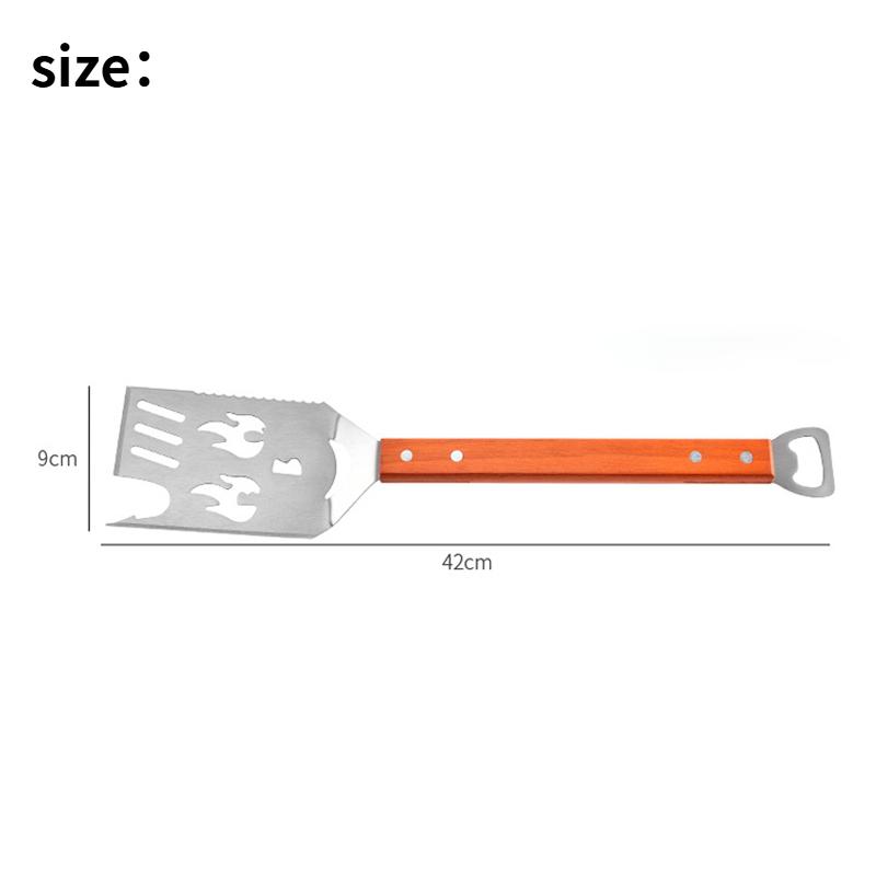 Multi functional creative barbecue shovel with wooden handle, grill spatula with fork knife, bottle opener, kitchen cooking tool