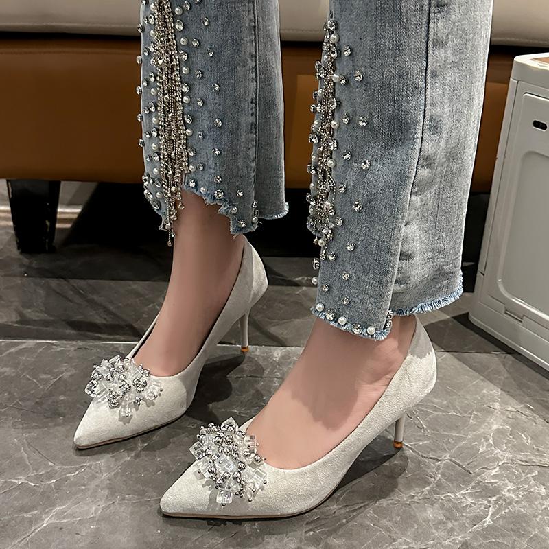 Fashion Women's Fashion Slim Heel Shoes Spring New Pointed Head Shallow Mouth Suede Crystal Anti-slip Wear-resistant High Heels