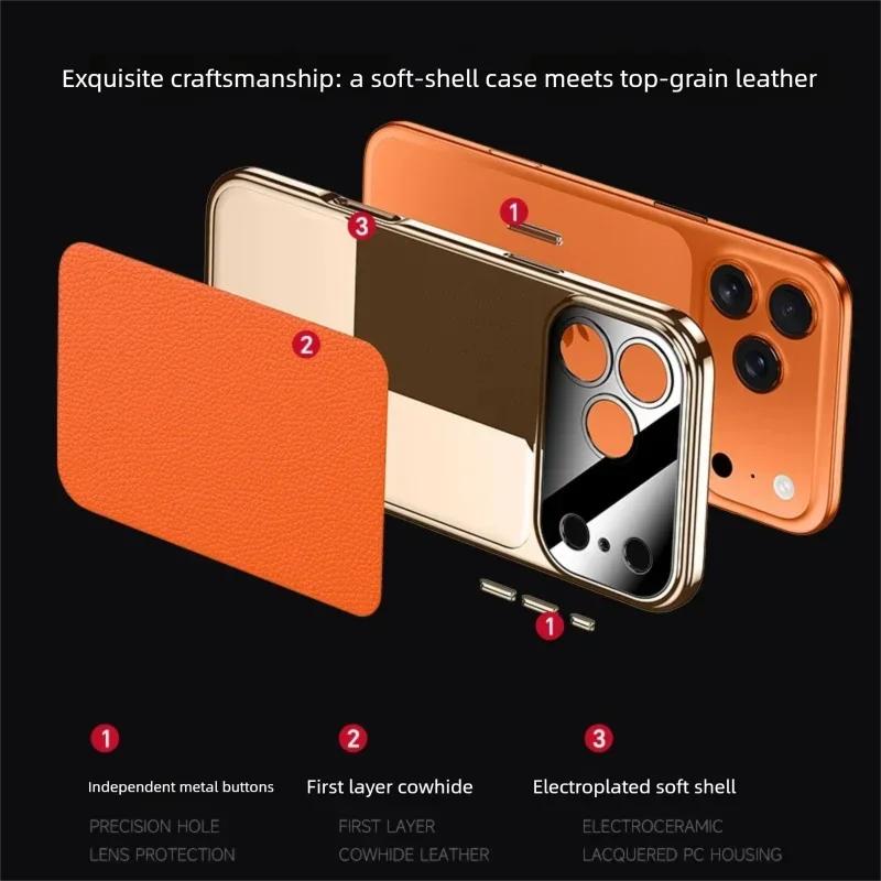 Premium Full Grain Leather Case For iPhone 17 Air Pro Max Luxury Cover Electroplating Frame