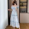 Blue long print waist dress women's summer French retro temperament high-end skirt