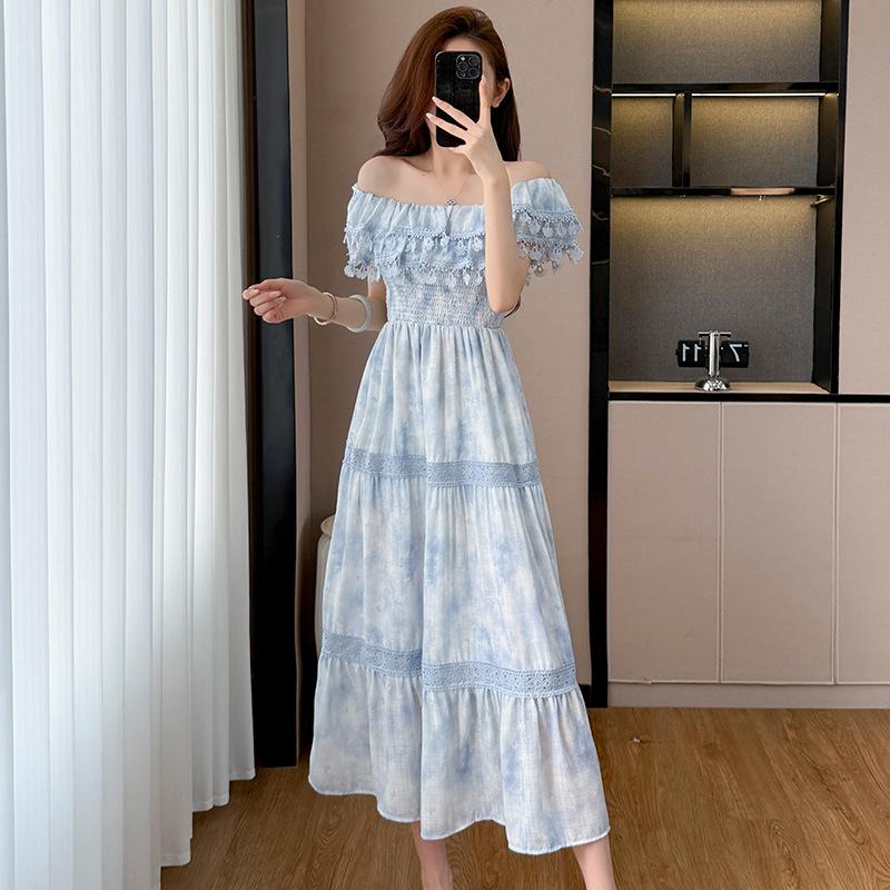 Blue long print waist dress women's summer French retro temperament high-end skirt