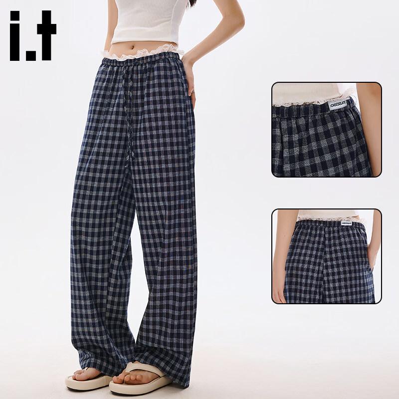 :CHOCOOLATEit Women s Loose Plaid Straight Pants with Lace Trim S
