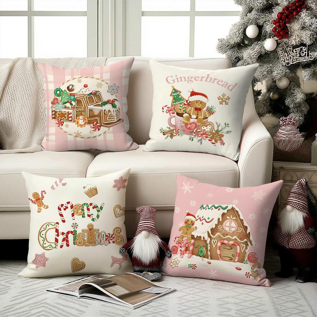 1/4 Peças Fronha de Almofada de Natal, Capa de Almofada Casa de Biscoitos de Gengibre Doce de Cana, Capa de Almofada para Decoração de Casa de Férias de Inverno