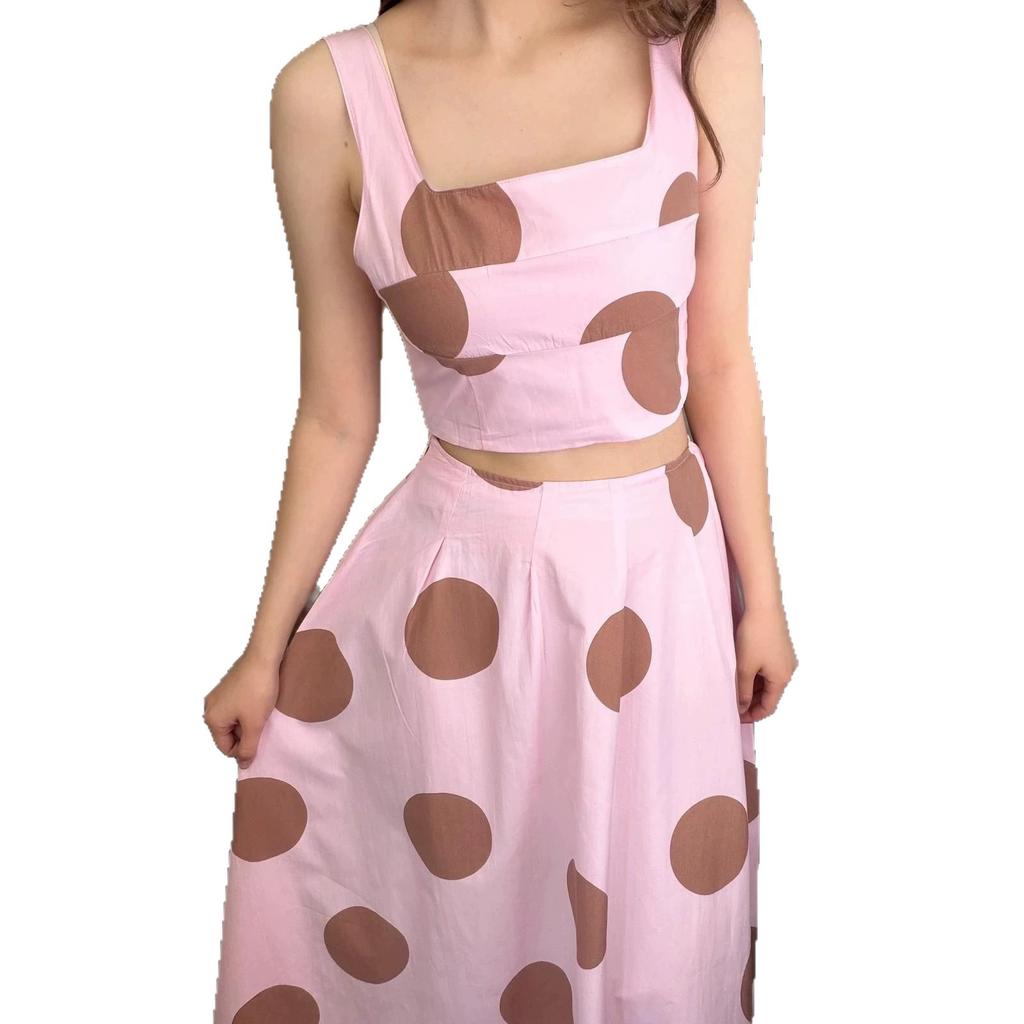  European and  women's clothing new big polka dot suspender short top high waist wide pendulum long skirt temperament set
