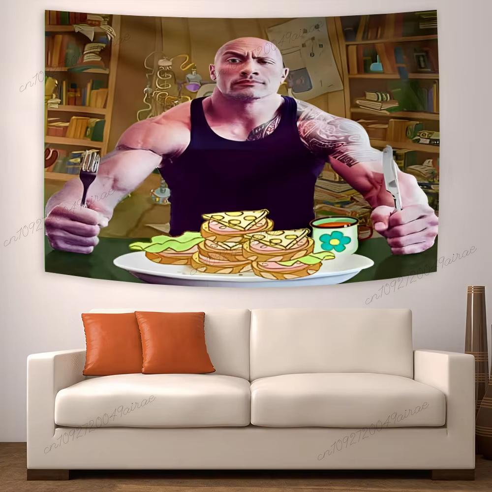 Cheat Day The Rock Eating Pancakes Wall Hanging Tapestry Flags Funny Meme Tapestry Aesthetic Dorm Banner Teen Room Decoration