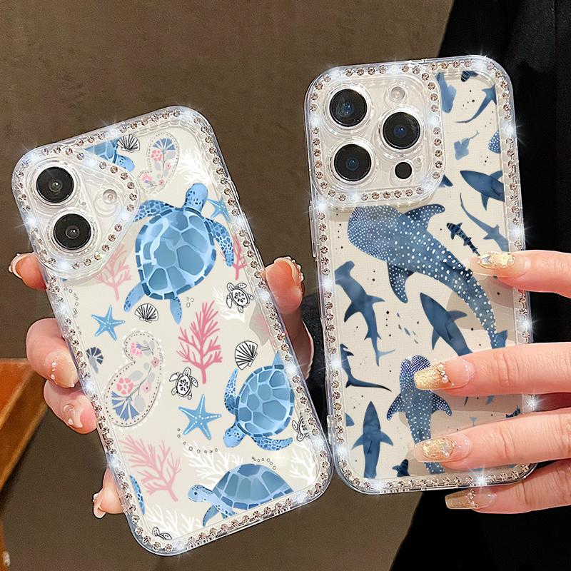 Conch Shark Pattern Clear Silicone Case For iPhone 16E 16 Pro 15 Pro Max 14 13 12 11 Diamond Frame Soft Shockproof Transparent Phone Cover