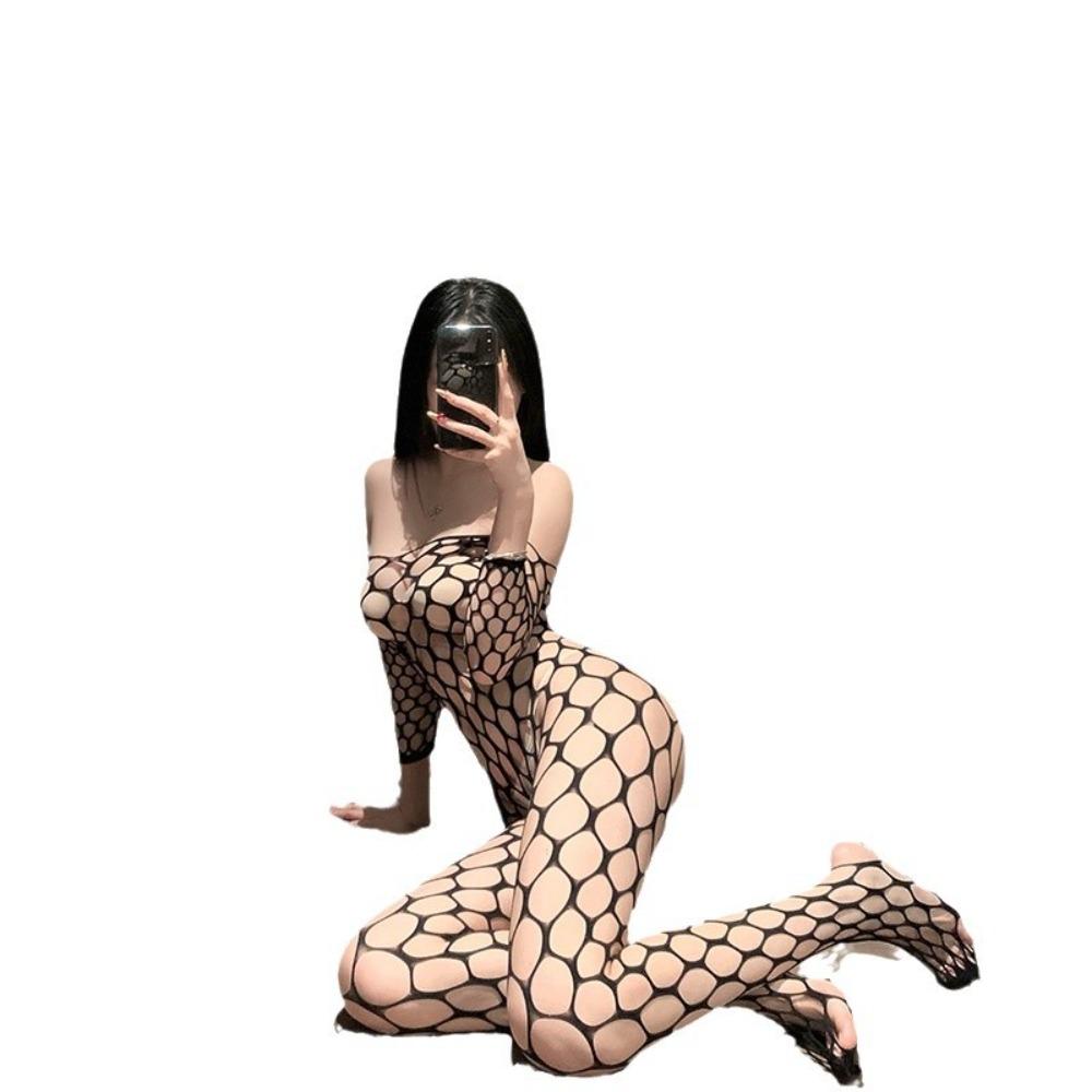 Night Crisp Erotic Underwear, Black Hollowed-out Sexy One-piece Mesh Clothes, Open Large Size, Revealing Breasts, Pure Desire Deep V Mesh Socks 2 Zime