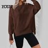 Drop Shoulder Long Sleeve Shirts Women Crew Neck Sweatshirt, Pullover, Loose Top Fit Casual Fall Winter with Side Slit Sweatshirt
