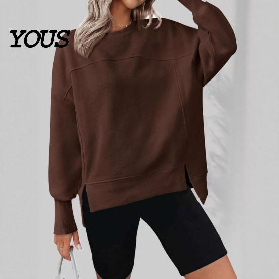 Drop Shoulder Long Sleeve Shirts Women Crew Neck Sweatshirt, Pullover, Loose Top Fit Casual Fall Winter with Side Slit Sweatshirt