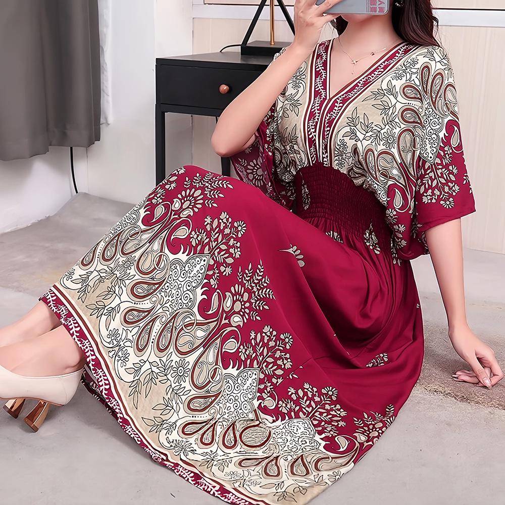 26-Year Floral V-Neck Cotton Silk Batwing Sleeve Beach Dress - Thailand Travel & Vacation Skirt Style