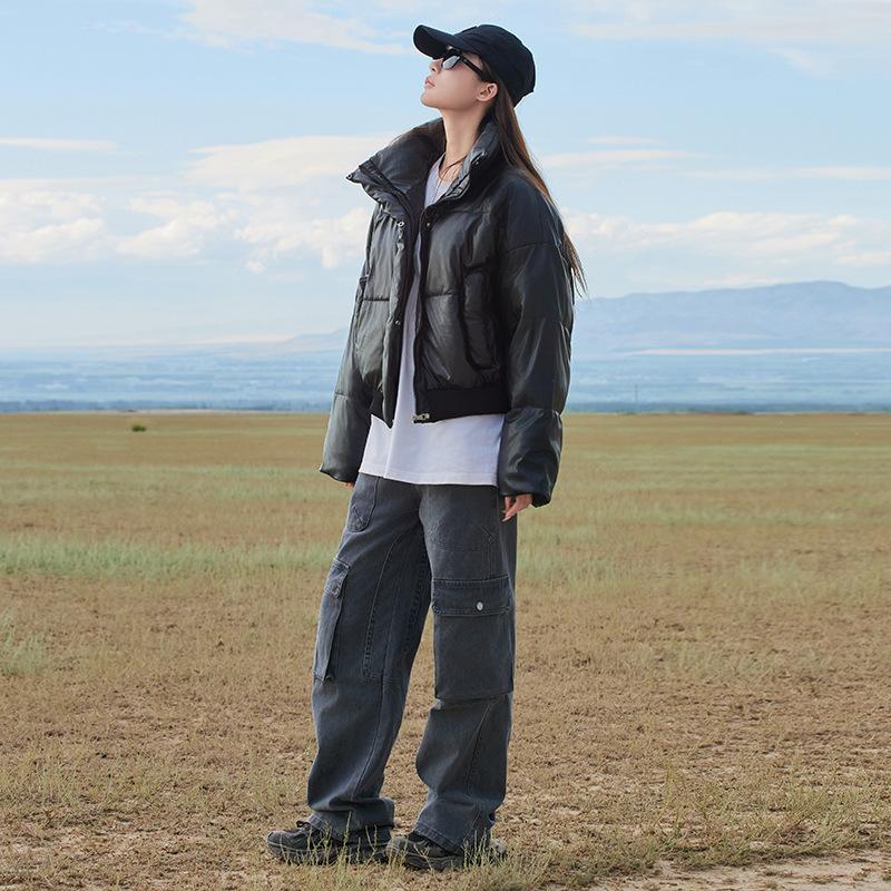 

пу кожа хлопок одежда женская зима хай-стрит бренд прилив хулиганский красивый короткий воротник-стойка свободная одежда-хлеб куртка для пары XL чёрный