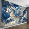 Blaue Wolken-Drachen-Wandteppich Pfirsich Hellbeige Stoffkunst mit Majestätischem Drachen Wirbelnde Wolken Design Horizontal
