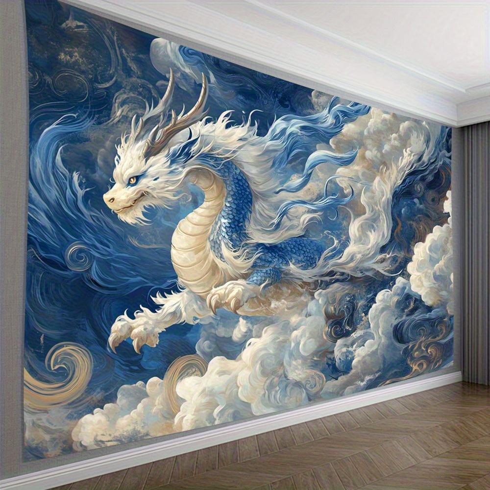 Blaue Wolken-Drachen-Wandteppich Pfirsich Hellbeige Stoffkunst mit Majestätischem Drachen Wirbelnde Wolken Design Horizontal