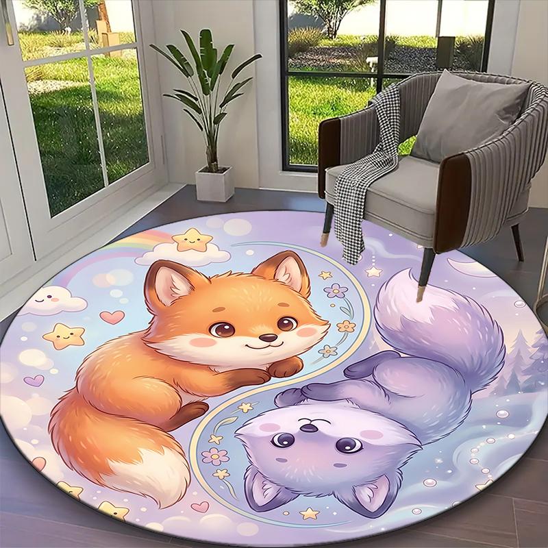 1pc Sweet Animals Harmony Fox Unicorn Printed Chair Rug for Home Office Use, Living Room Kitchen Game Room Round Carpet