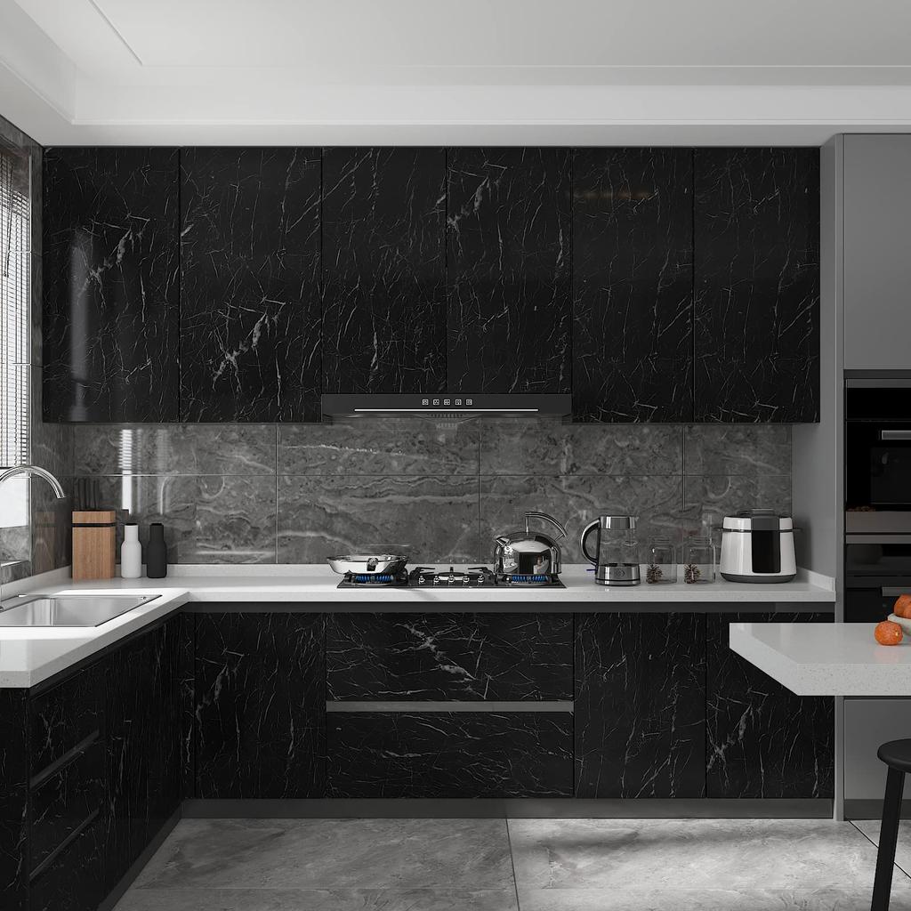 CHIHUT Peelable Wallpaper, Wall Sticker, Marble, 45cm X 600cm, Black, Strong Adhesive, Waterproof, Oil-Resistant, Heat-Resistant, Thick, DIY, Nordic S