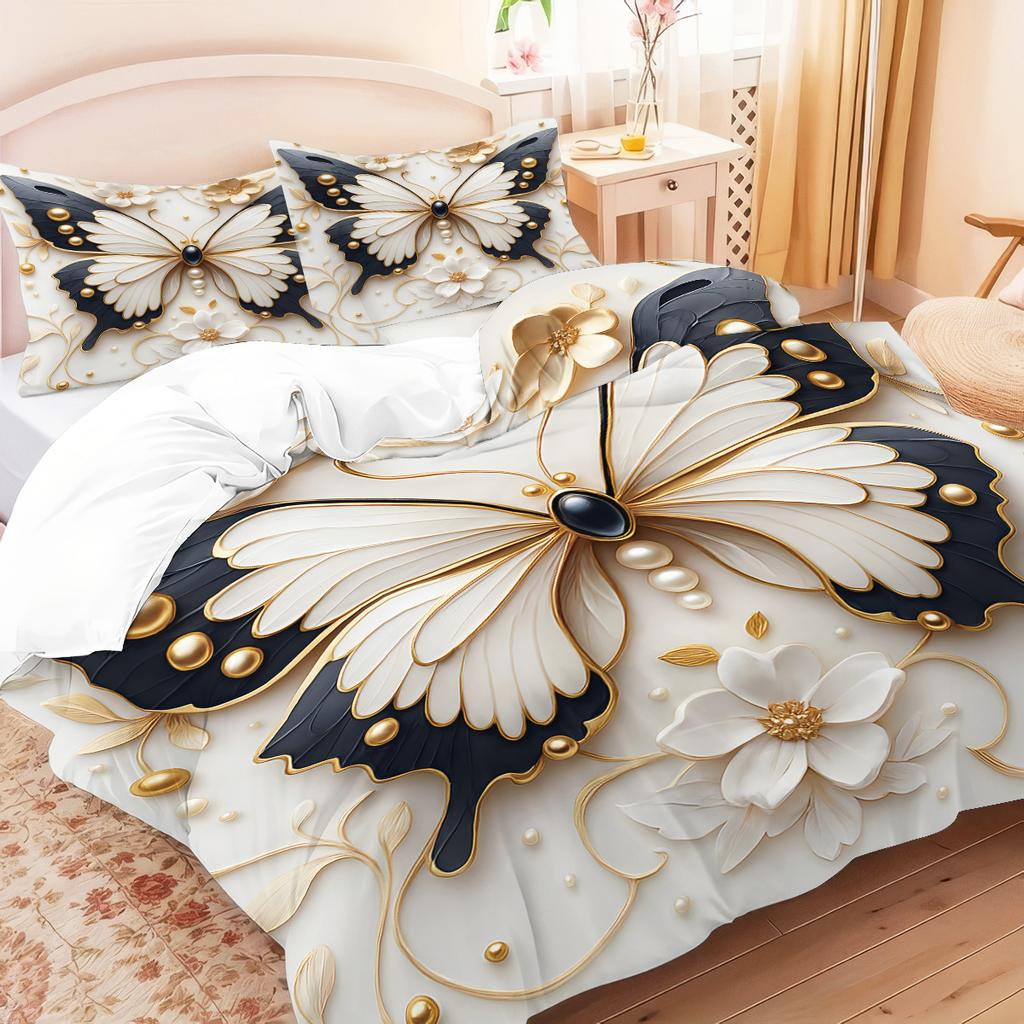 3Pcs Floral Butterfly Pattern Duvet Cover Set, 1 Duvet Cover+2 Pillowcases, Coreless. Soft And Comfortable Bedding Set