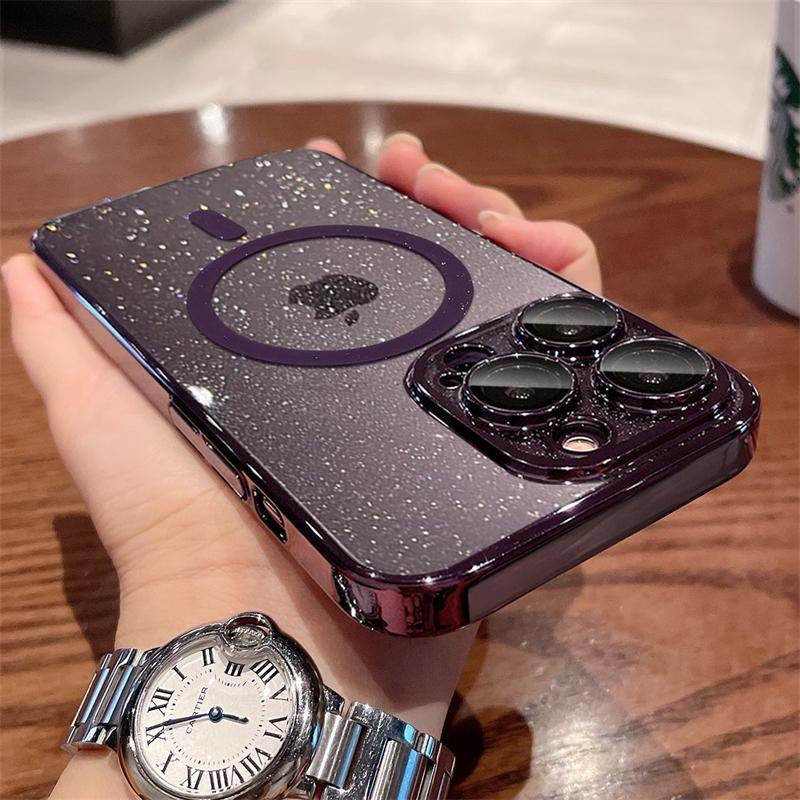Luxury Plating Glitter For Magsafe Magnetic Wireless Charge Case For iPhone 16 15 14 Plus 13 12 Pro Max 11 Hard PC Thin Cover