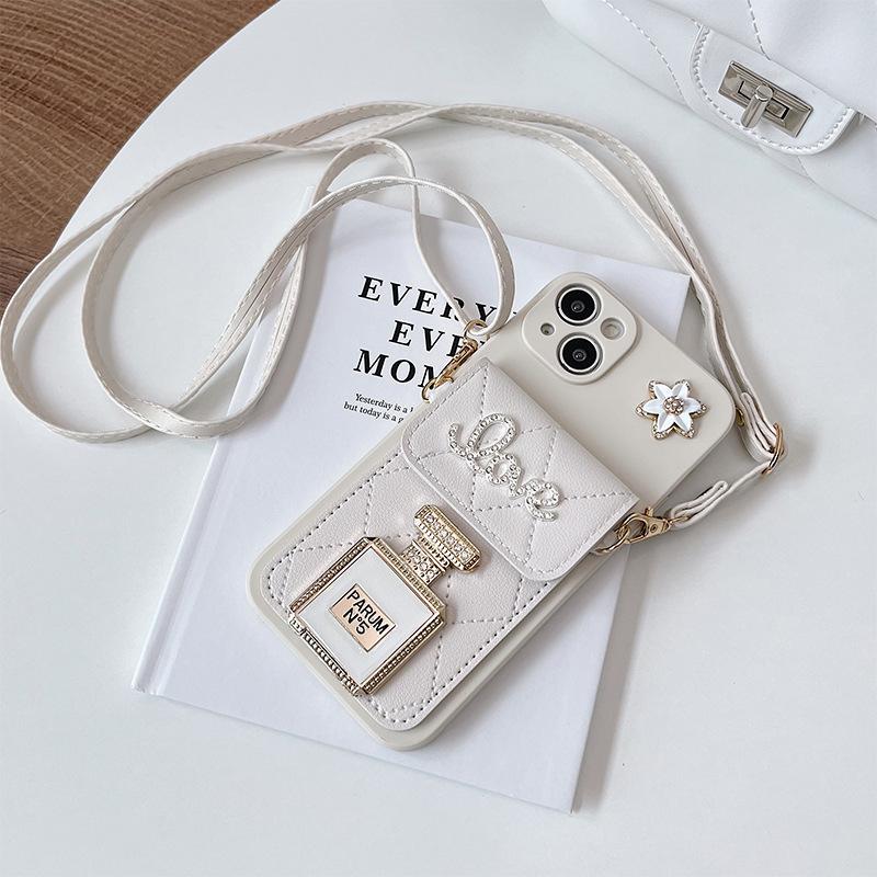 

For IPhone16/15/14/13 Luxury Rhinestone Perfume Bottle Mirror Mobile Phone Case Crossbody Niche All-inclusive Protective Cover For iPhone 16Promax