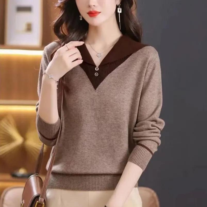 

Women Autumn Winter Turn-Down Collar Pullover Color Block Button Long Sleeve Sweater Knitted Tops Female Bottoming Shirt S