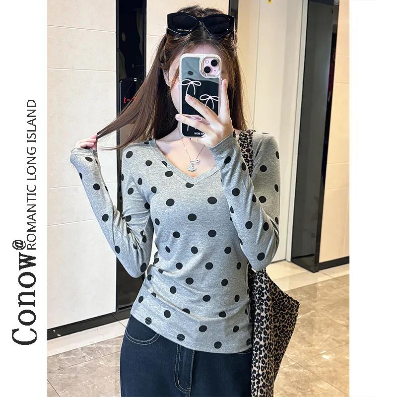 

Spring New Style Long-sleeved V-neck Long-sleeved Bottoming Shirt Fashionable Polka Dot Printing Design Slim Fit Top S сірий колір