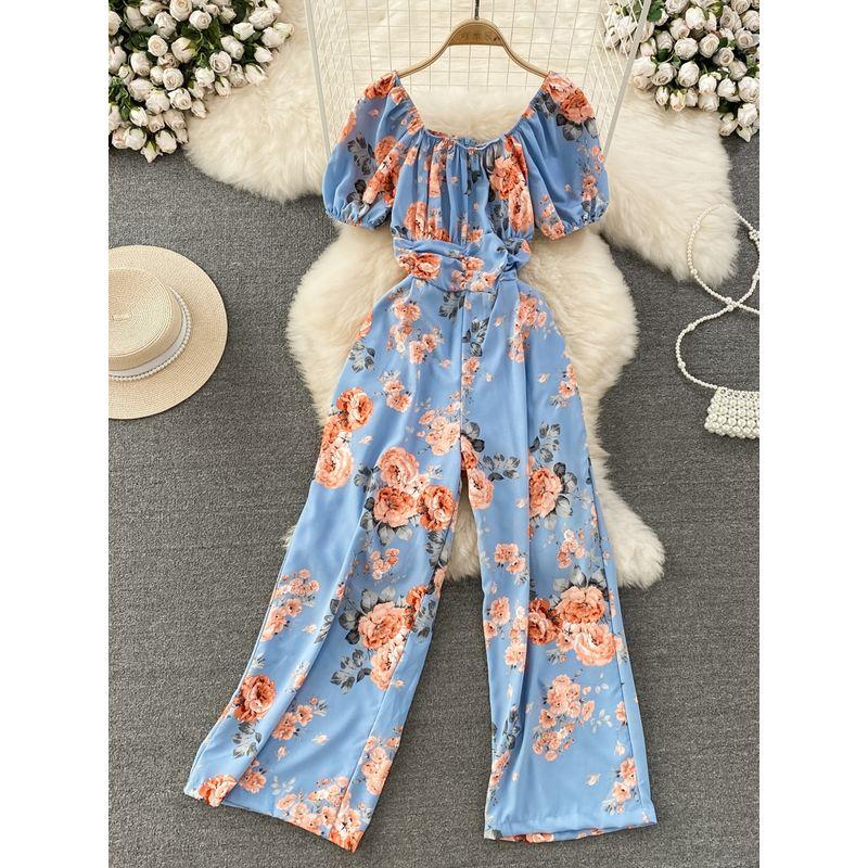 Seaside Holiday Ruched Square Collar High Waist Casual Short Sleeve