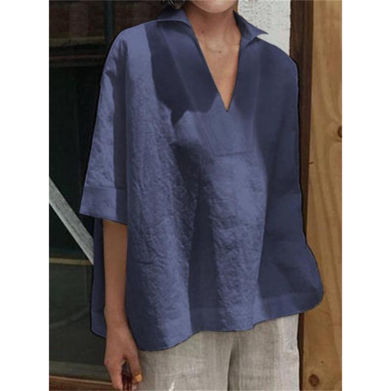 

2026 Spring/Summer V-Neck Plus Size Loose Mid-Sleeve Solid Women s Shirt S темно-синього кольору