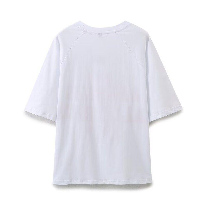 Fashion Style 2024 Summer Women's All-Matching Round Neck Short Sleeve Loose Contrast Color Letter Printing Cotton T-shirt 0085315