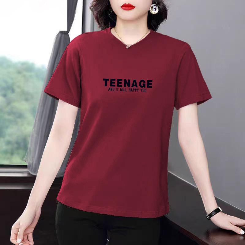 Plus Size Women's Loose Short Sleeve T-shirt, Summer Letter Print, Tummy Covering, Regular Shoulder, Clearance