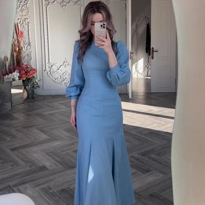 2024 Spring European-American Low-Neck, Long-Sleeve Court-Style Waist-Cinching Dress